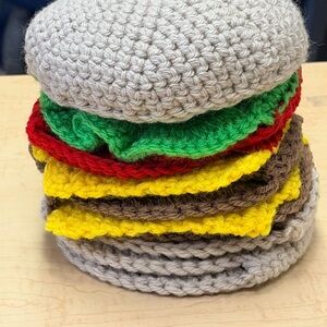 Handmade Crocheted Cheeseburger Adult Scarf. Colorful Bun & Fillings